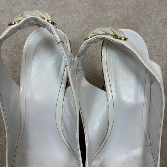 Tory Burch White Patent Leather Rope Detail Wedge Peep Toe Size 8.5 - Picture 11 of 12